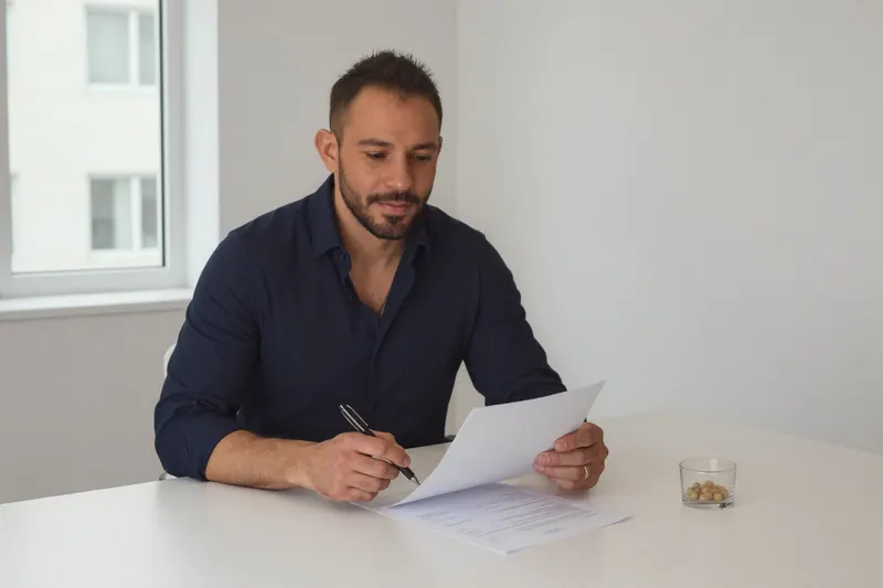 Brandon Sojka reviewing printed specification sheets at a desk